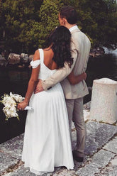 Ivory Vintage Chiffon A-line Floor Length Wedding Dresses, Bridal Gowns